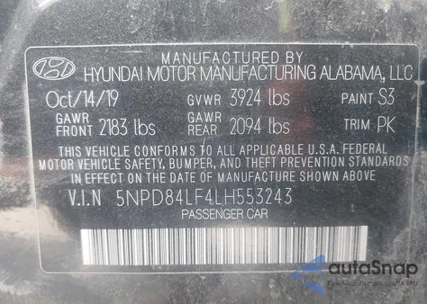 2020 Hyundai Elantra Sel z USA, uszkodzony, nr VIN 5NPD84LF4LH553243